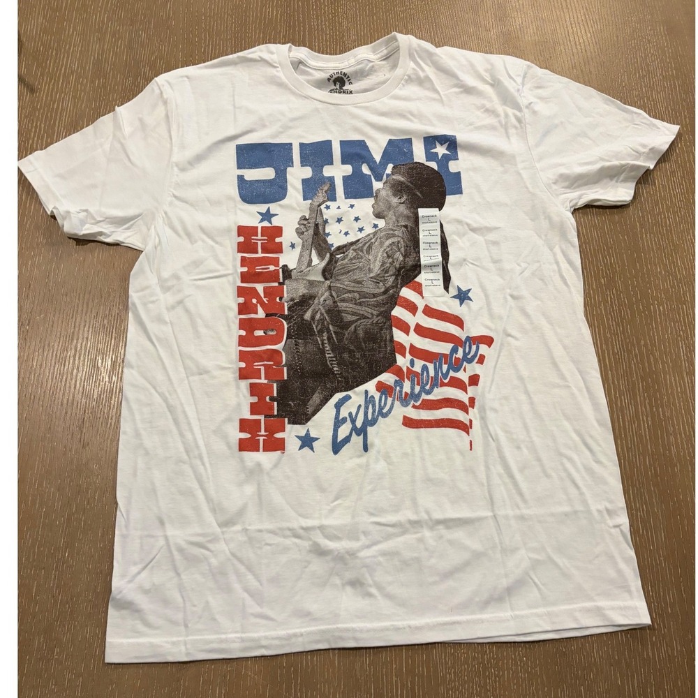 Authentic Hendrix Jimi Hendrix Men's Large White Graphic T-Shirt USA Flag Guitar